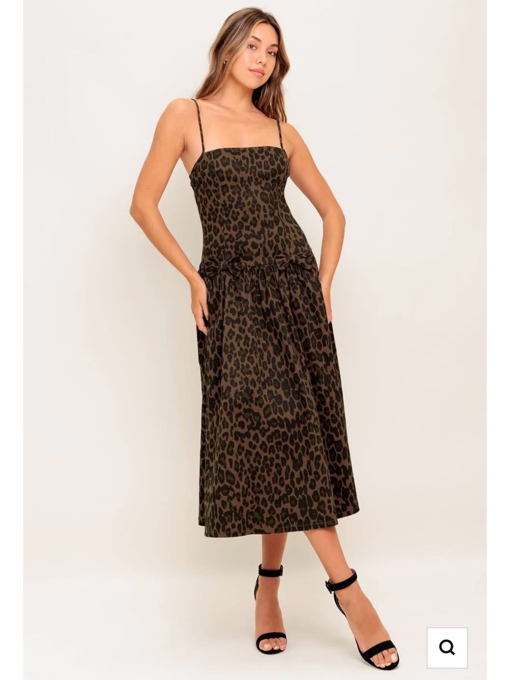 Leopard Print Midi Dress with Spaghetti Straps - Brown